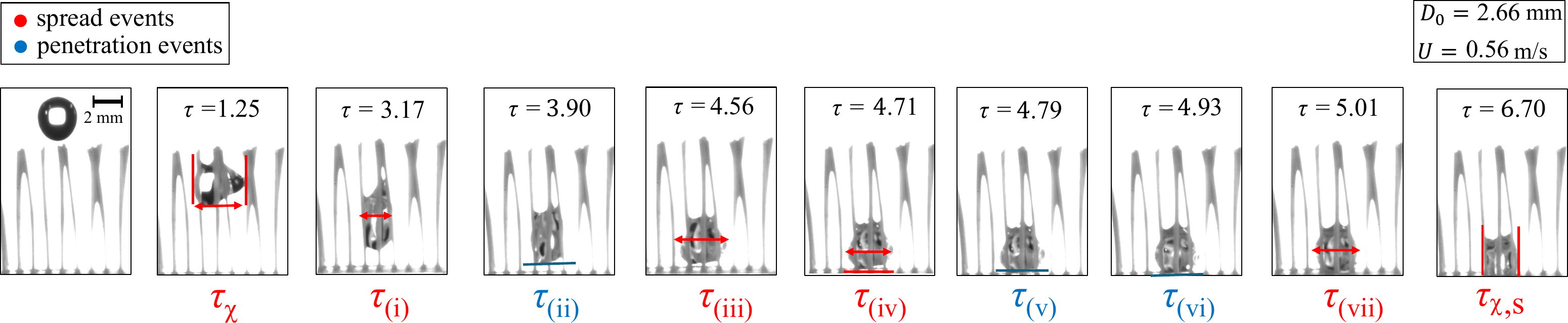 Figure 4 from the paper: image sequence showing the characteristic temporal events in the spreading and penetration of liquid within the array for a single trial.